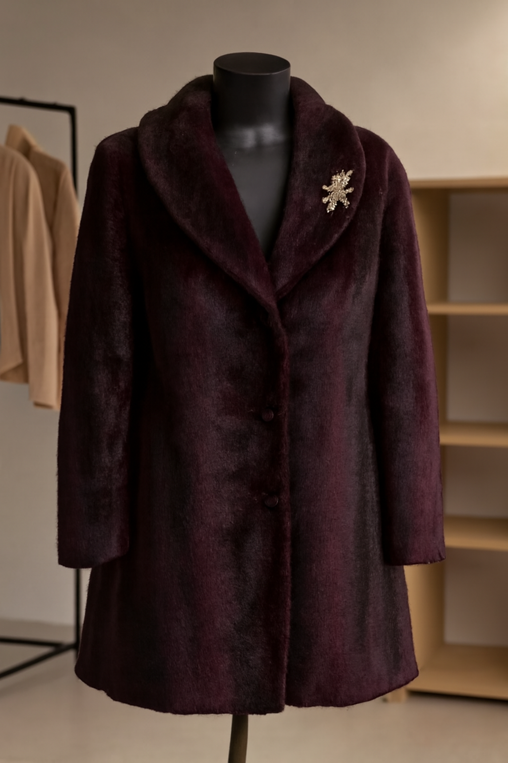 Luxurious Burgundy Faux Fur Coat with Elegant Button Detail