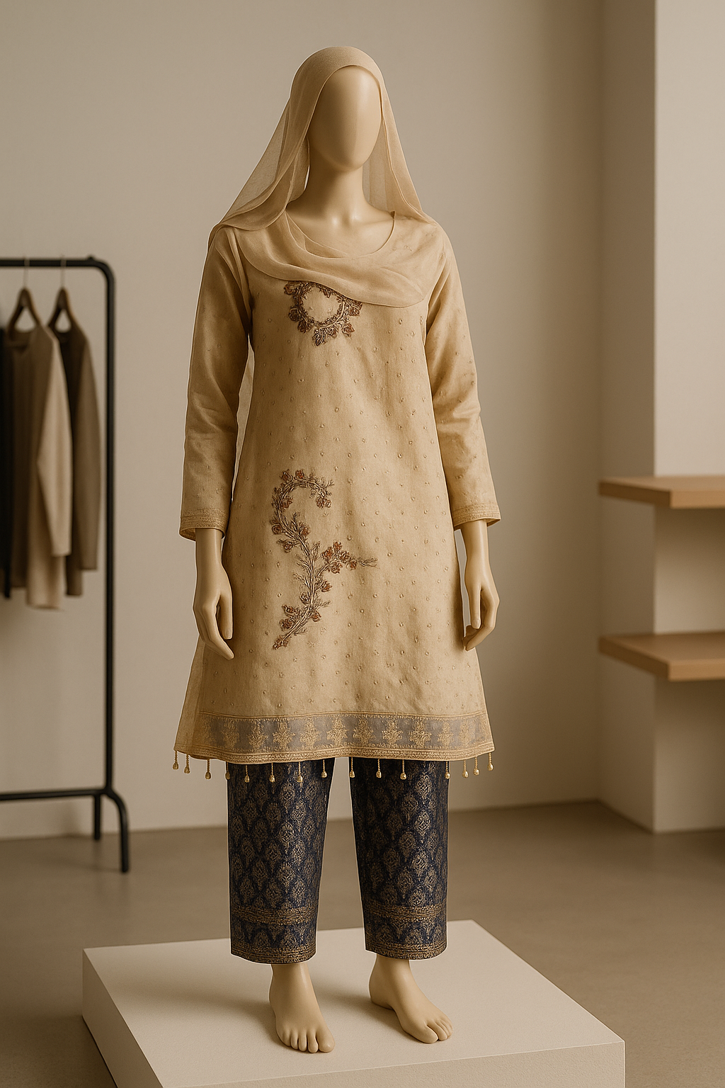 Embroidered Beige Organza Kurti with Navy Brocade Trousers – Formal 2-Piece Suit