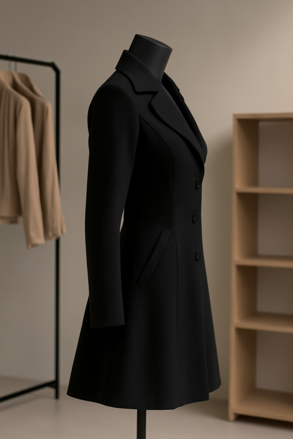 Elegant Black Women's Coat with Tailored Fit and Gold Brooch