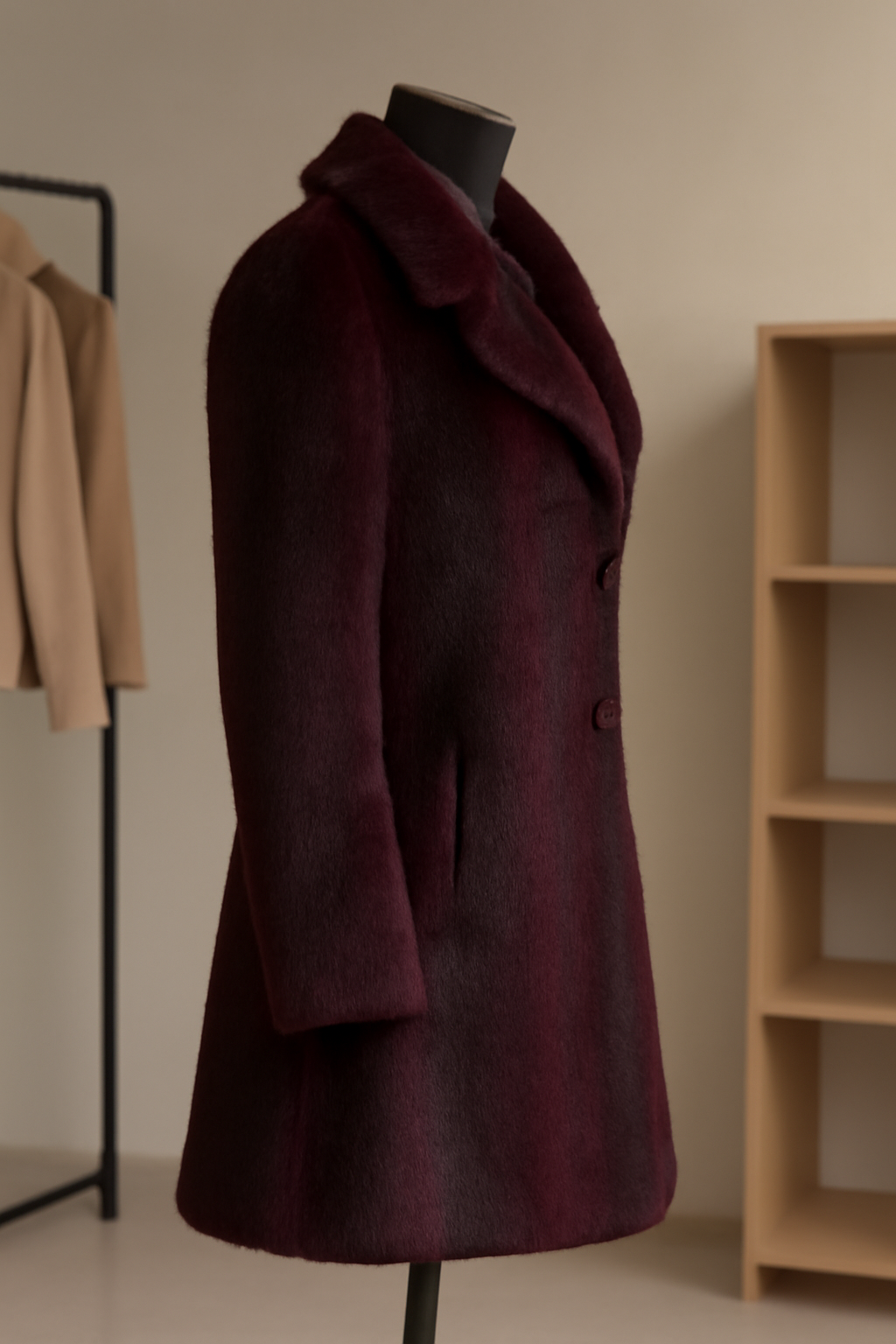 Luxurious Burgundy Faux Fur Coat with Elegant Button Detail