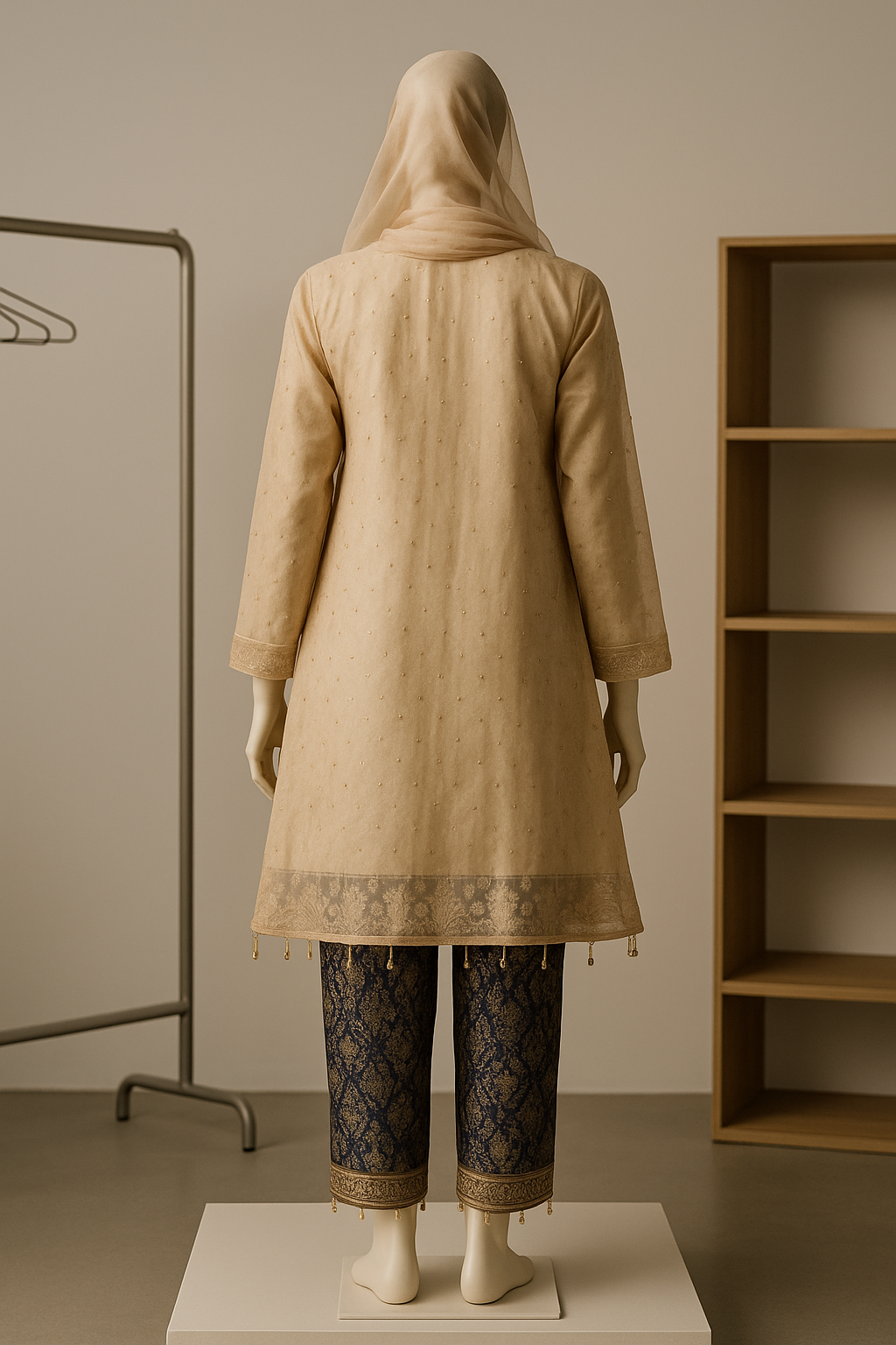 Embroidered Beige Organza Kurti with Navy Brocade Trousers – Formal 2-Piece Suit